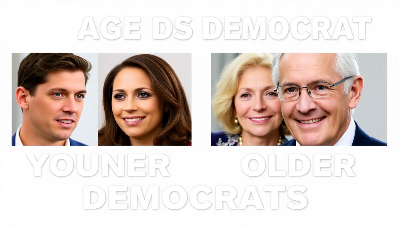 A graphic illustrating the age gap between younger and older Democrats, with photographs representing each group