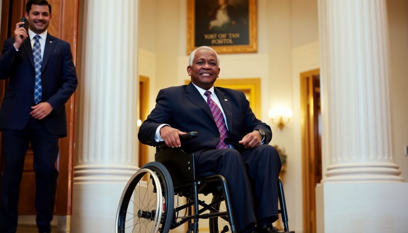 A photograph of Rep. David Scott using a wheelchair in the Capitol building