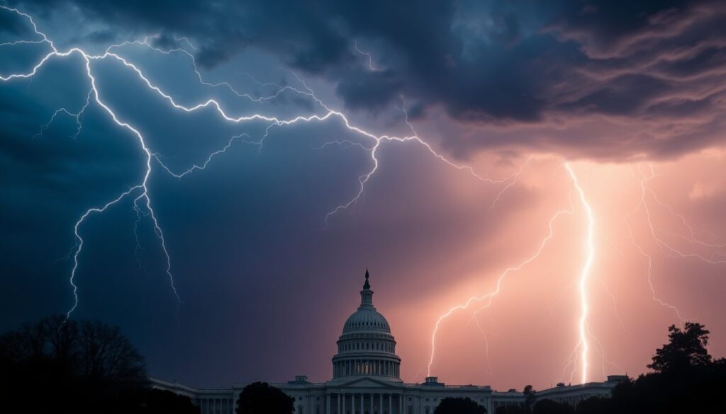 A photograph of a stormy sky with lightning bolts striking, symbolizing the political storm brewing within the Democratic Party, with the Capitol building in the background