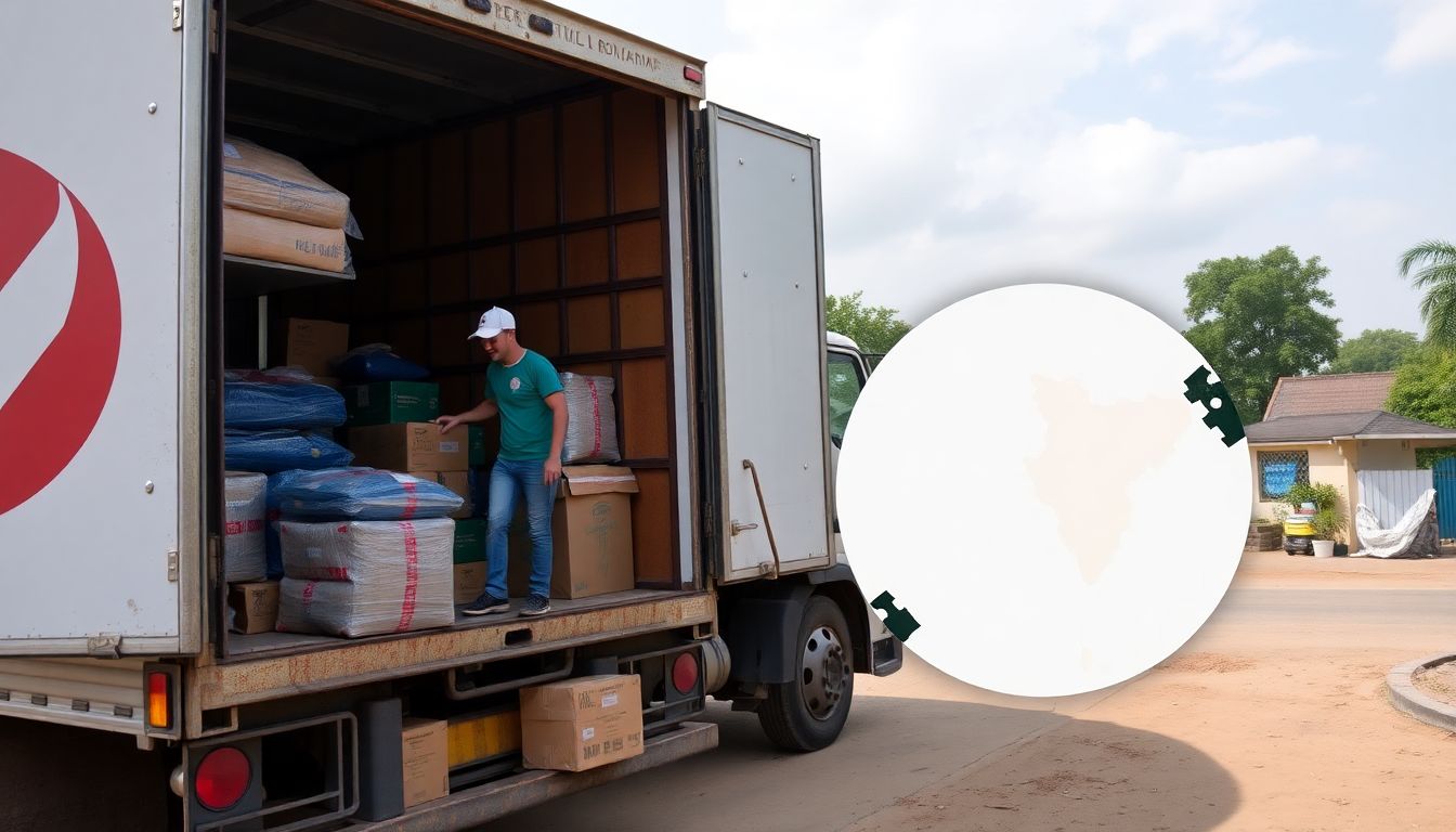 An image showing a charity worker unloading supplies from a truck, with a map of the affected area in the background