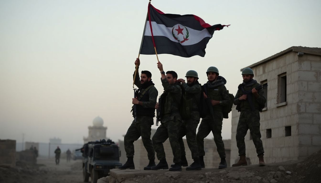 HTS fighters raising their flag in a recently captured town, with Assad's regime forces retreating in the background