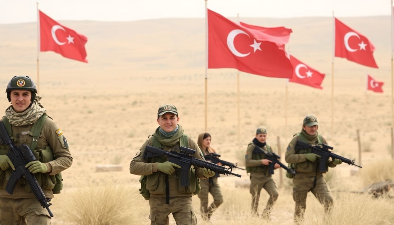 SDF fighters in northeastern Syria, with Turkish flags and SNA insignia visible in the background