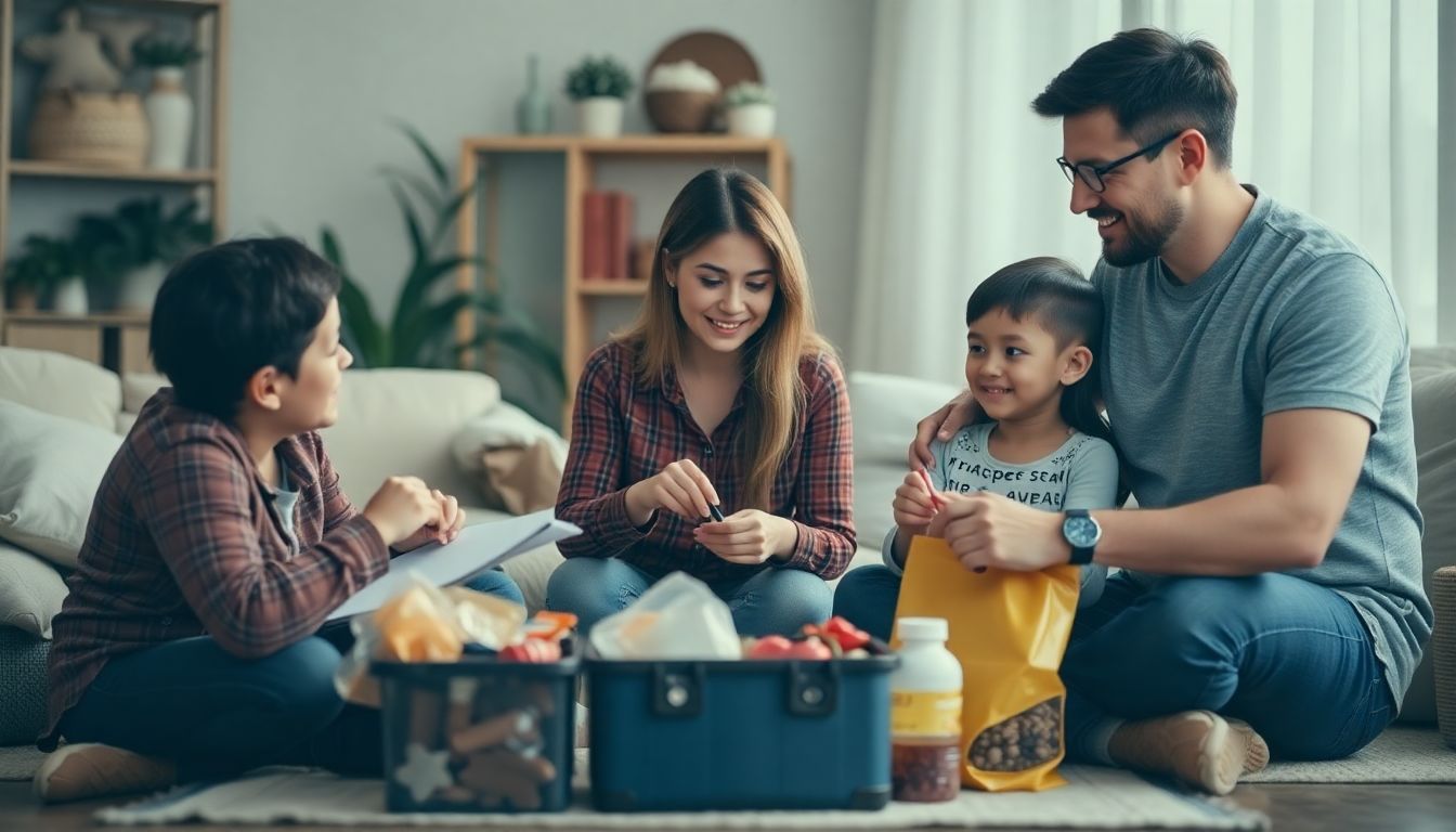 A family preparing emergency supplies and discussing their plan in case of a crisis