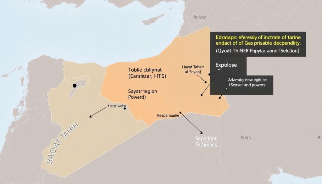 A map of Syria with the areas of conflict highlighted, showing the advance of Hayat Tahrir al-Sham (HTS) and the response from various regional powers and the U.S.