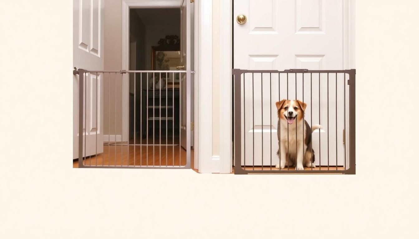 An image of a well-pet-proofed home, with secure doors and gates, and a happy, contained pet.