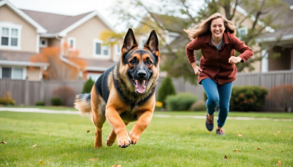 A dynamic image of the German shepherd, Kobe, mid-chase, with Steph in pursuit, set against the backdrop of their suburban neighborhood. The image should capture the humor and chaos of the moment, with both Steph and Kobe expressing joy and excitement.