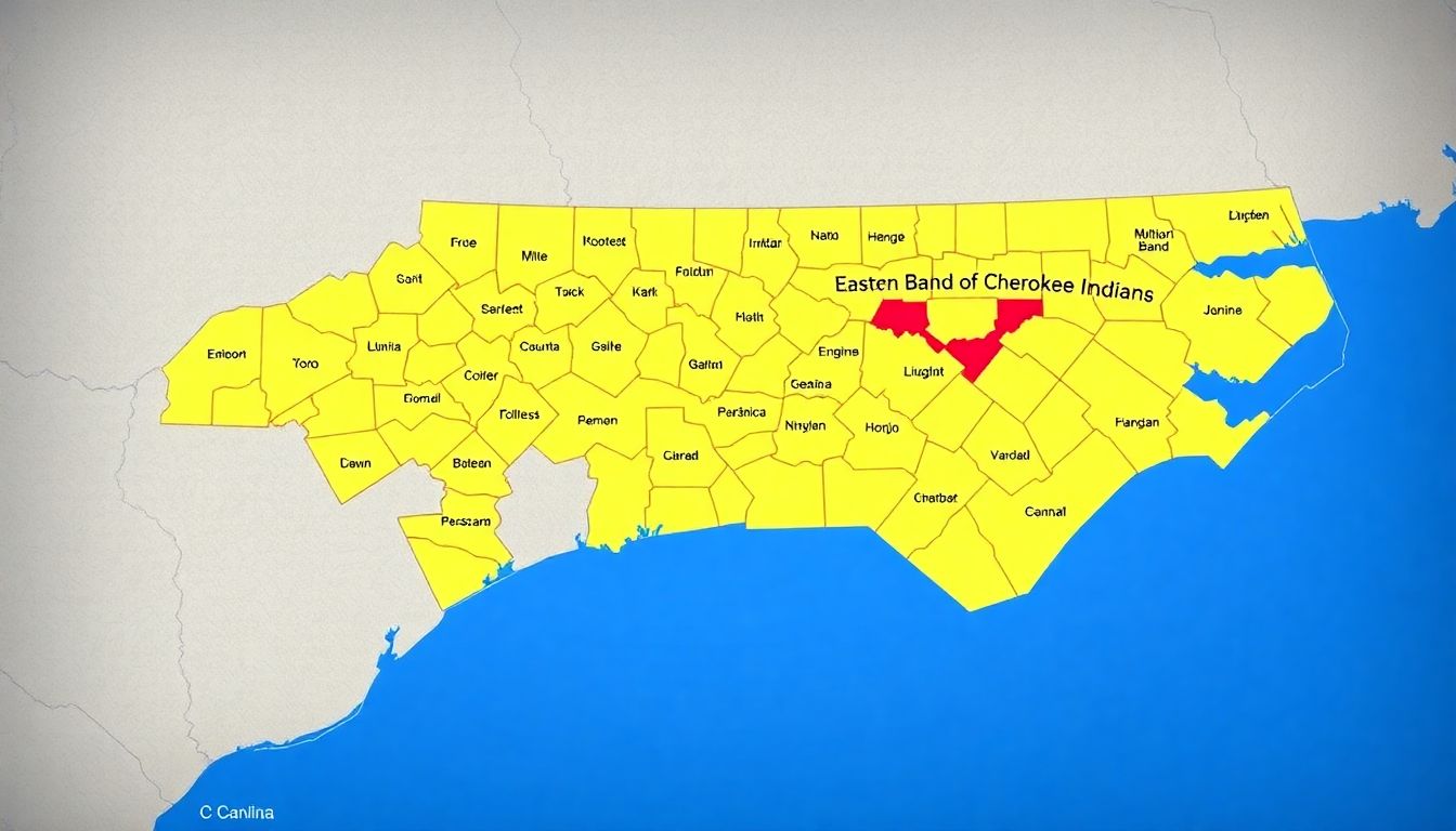 A map of North Carolina highlighting the affected counties and the Eastern Band of Cherokee Indians