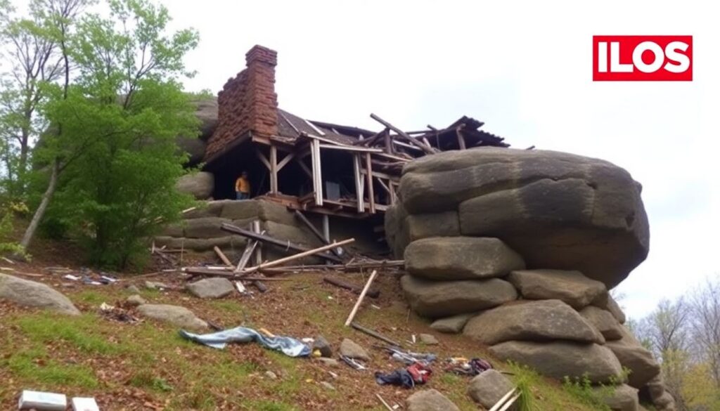 A photo of the damaged Chimney Rock, N.C. from Helene storm, with the WLOS logo in the corner