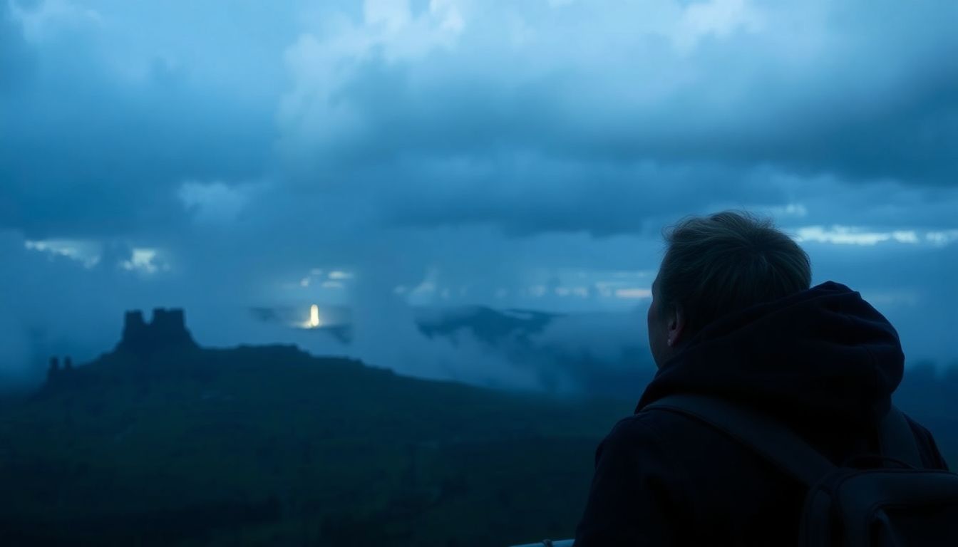 A person looking out over a vast, stormy landscape, with a determined expression and a beacon of light in the distance.