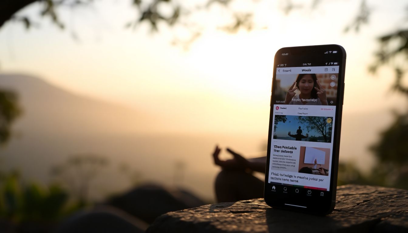 A person meditating in a peaceful setting, with a smartphone displaying a reliable news source nearby.