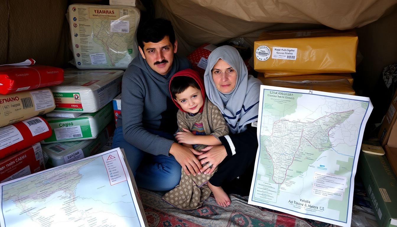 A family in Syria, huddled together in a makeshift shelter, surrounded by emergency supplies and a map of their city.