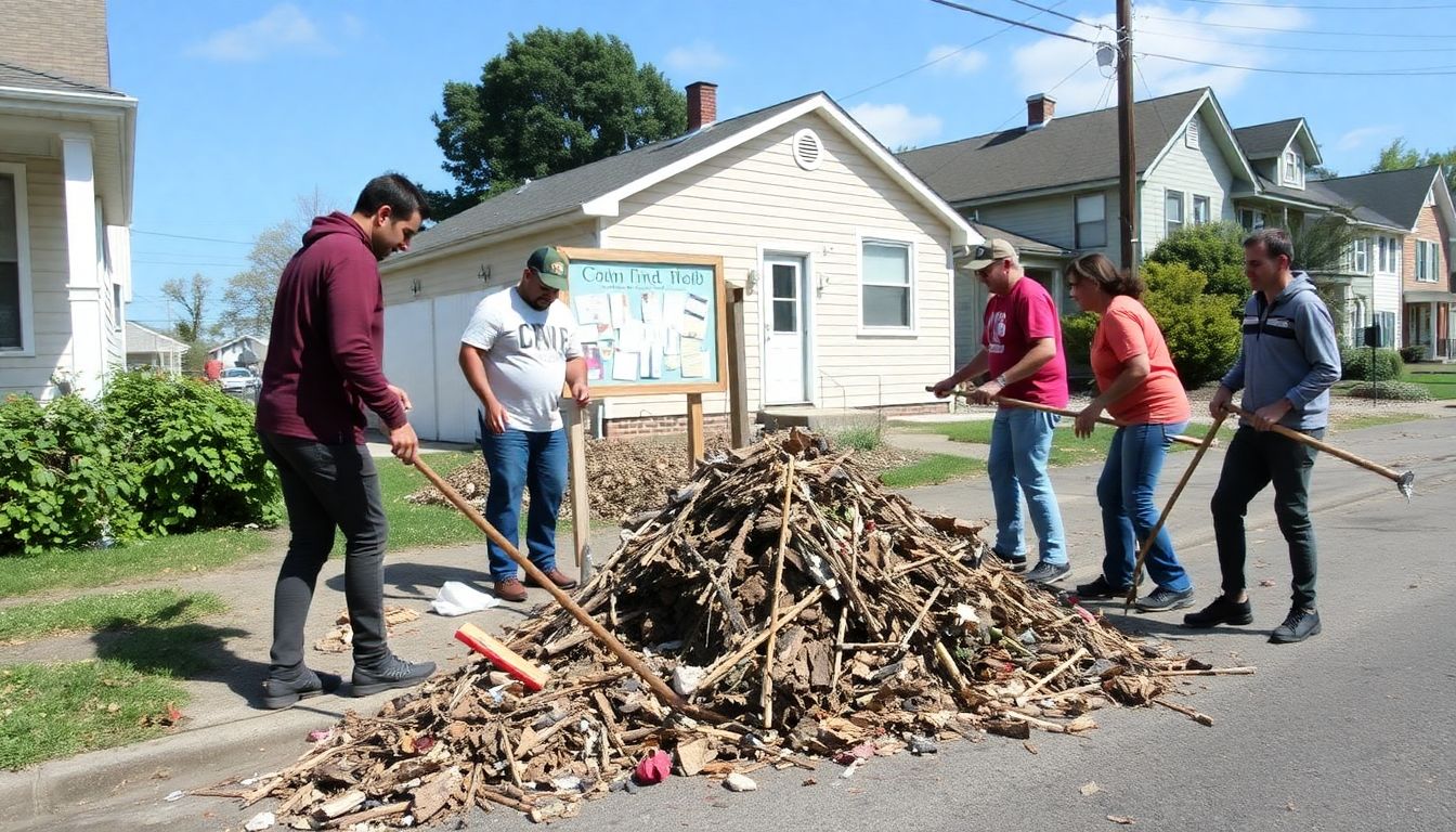 Neighbors working together to clear debris from a street, with a community bulletin board in the background.