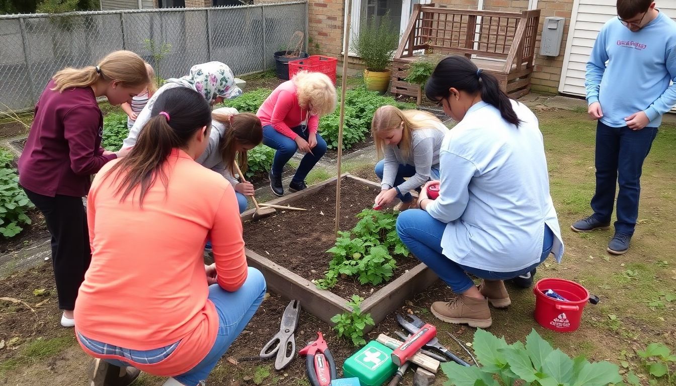 A group of people working together to build a community garden, with tools and first aid kits scattered around them.