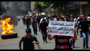 A chaotic street scene in Syria, with people rushing in different directions, a burning tire in the background, and a determined protester holding a sign that reads 'Assad must go' in Arabic and English.