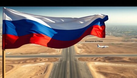 A dramatic image of the Russian flag waving in the wind at the Khmeimim Air Base in Syria, with the base's runway and surrounding desert in the foreground, and the Syrian cityscape in the background, symbolizing Russia's strategic interests in the country.