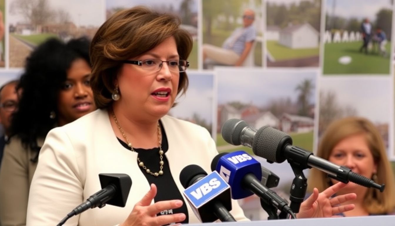 JoAnn Fields speaking passionately at a press conference, with photos of affected communities in the background.