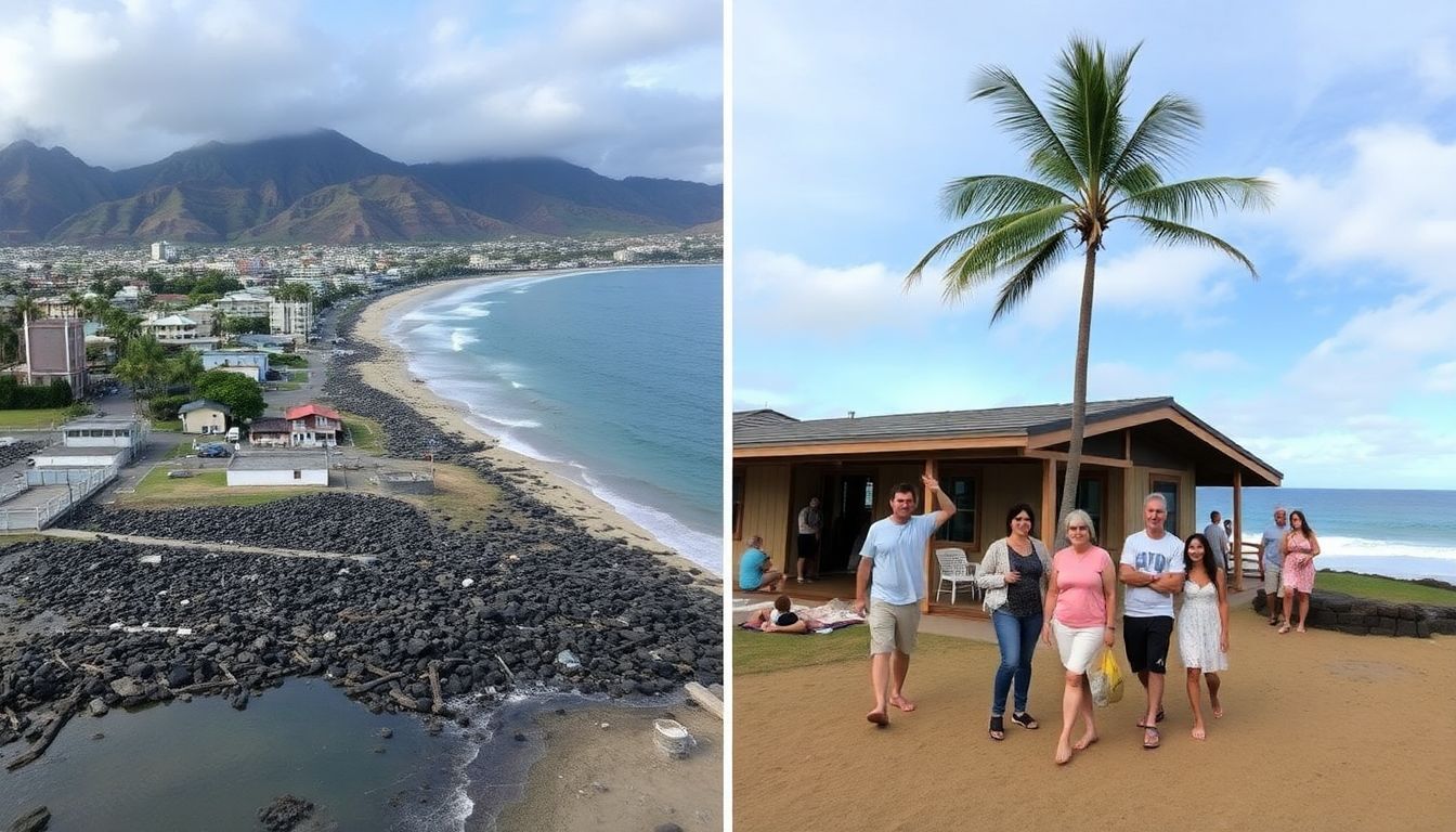 Before-and-after photos of the affected areas in San Diego and Lahaina, with people still in the process of rebuilding their lives.