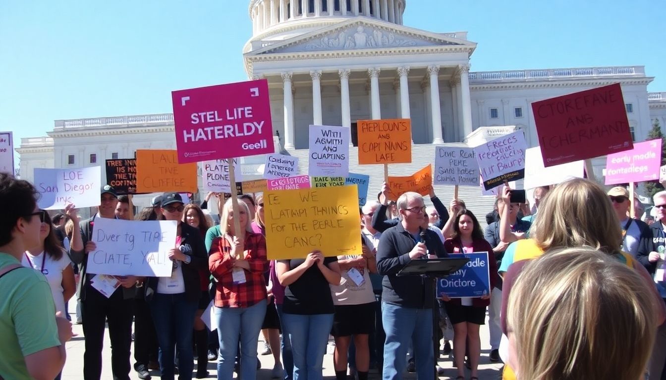 Advocates from across the country, including San Diego, gathering outside the U.S. Capitol, holding signs and listening to speakers at a press conference.