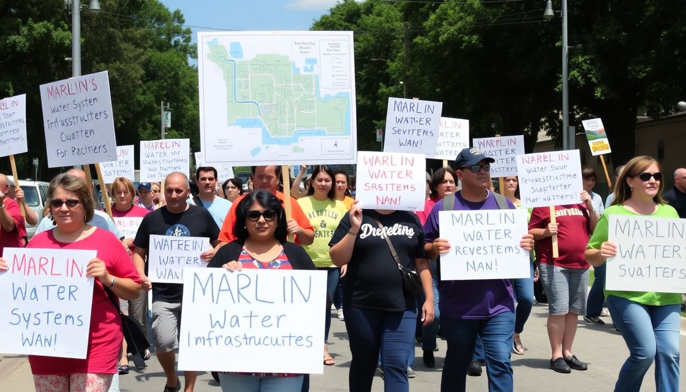 A group of residents marching with signs advocating for infrastructure improvements, with a map of Marlin's water system visible in the background.