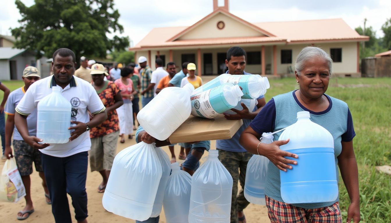 Neighbors helping each other carry water and emergency supplies, with a local community center or church visible in the background.