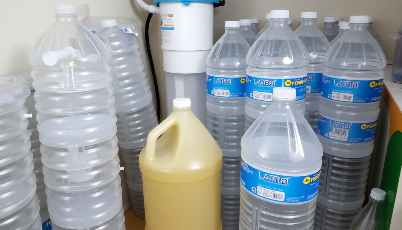 Stacks of clean, sealed water bottles and jugs, with a water purification system visible in the corner.