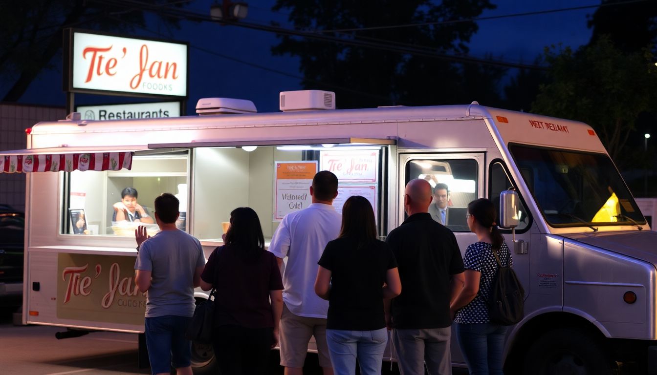 A line of people waiting to buy food from Te’Jan Food Truck, with a closed restaurant sign visible in the background.