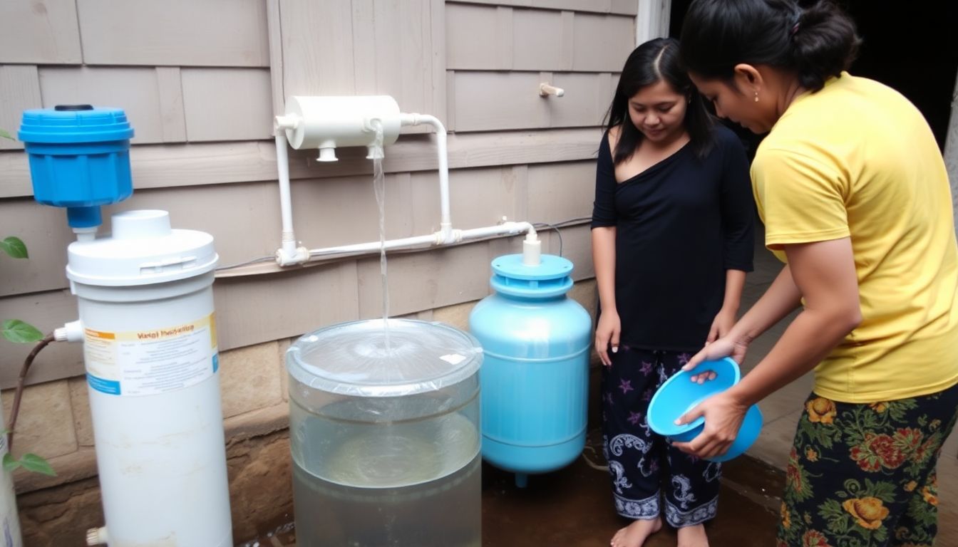 A rainwater harvesting system connected to a home, with a family member collecting water from a purification filter.