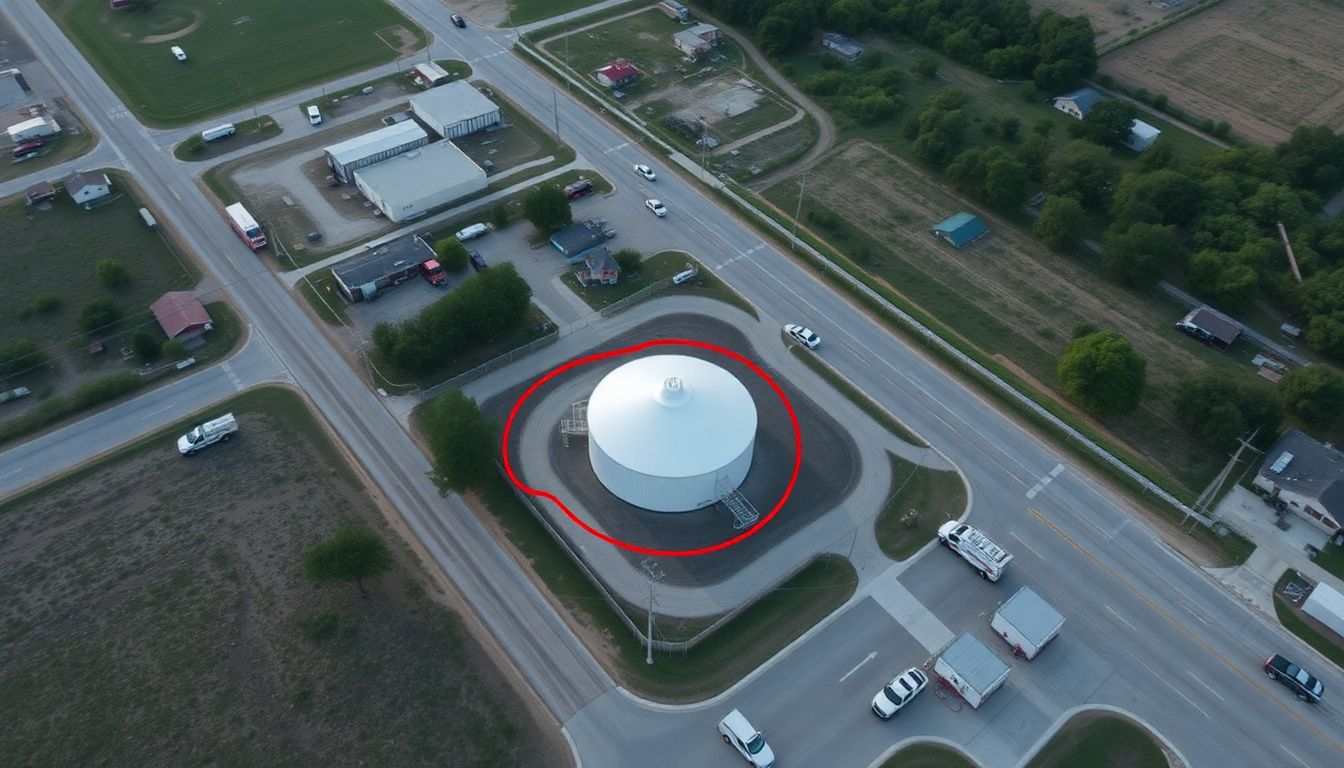 Aerial view of Marlin, Texas, with a red circle around the water treatment plant, and emergency vehicles visible on the streets.