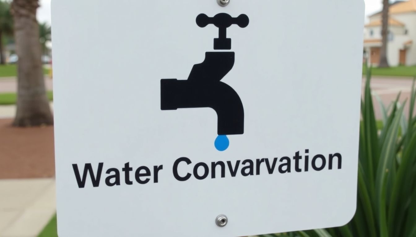 A 'Water Conservation' sign with a dripping faucet icon, placed in a prominent location in Marlin.