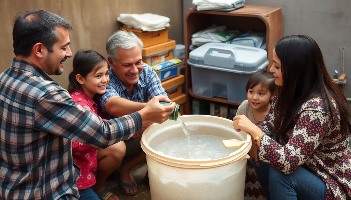 A family gathering water from a large storage container, with emergency supplies visible in the background.