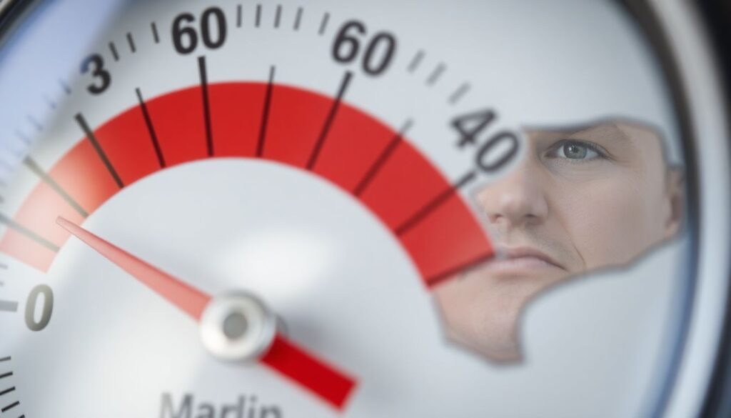 A close-up of a water pressure gauge needle in the red zone, with a worried face reflected in the glass, against the backdrop of a map of Marlin, Texas.