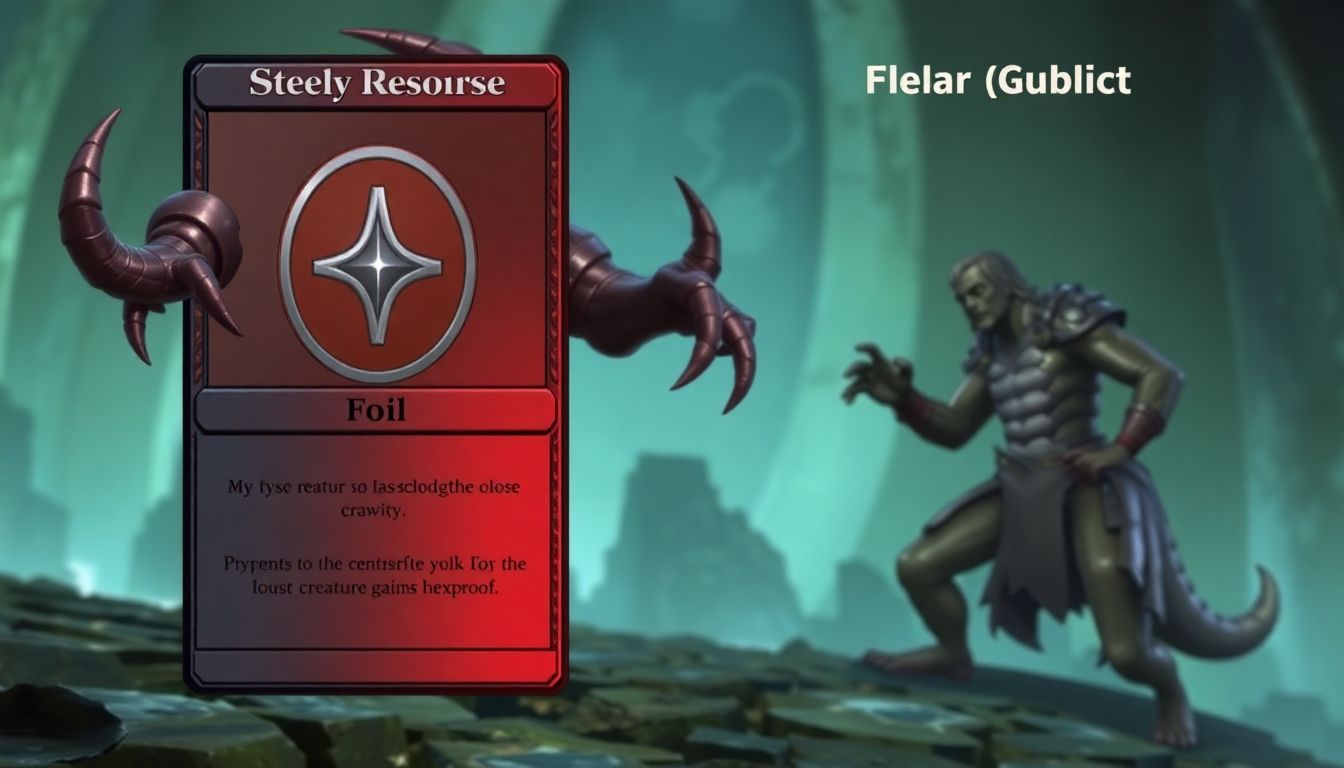 An image of Steely Resolve, with its foil version prominently displayed, and a Typal creature gaining Hexproof next to it.