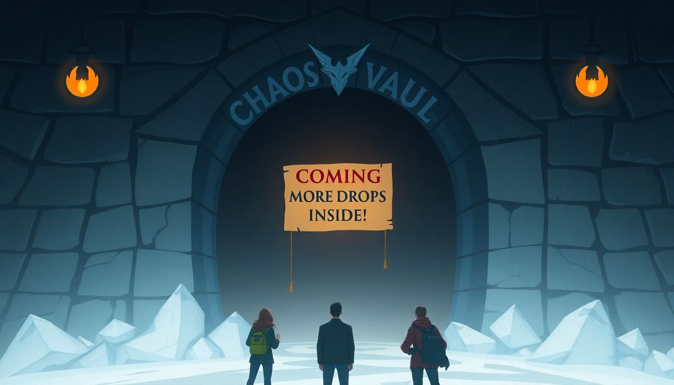 An illustration of the Chaos Vault, with a 'Coming Soon' or 'More Drops Inside' sign, and eager MTG players looking on.