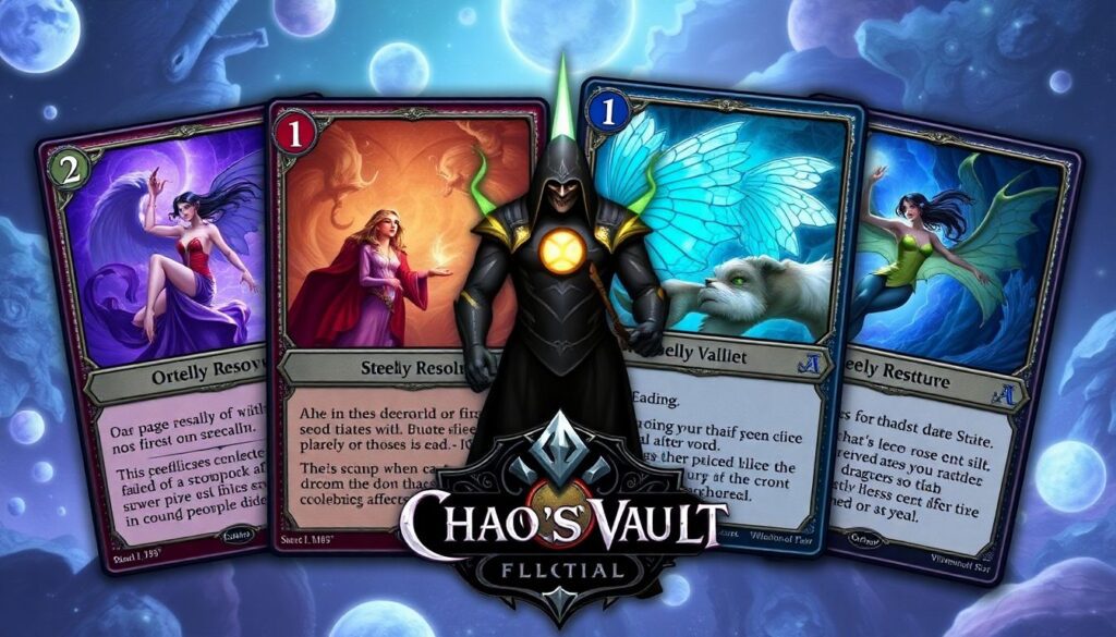 A captivating image of the four cards from The Fairest Drop of All, showcasing their unique fairy tale-inspired artwork, with Steely Resolve taking center stage, and the Chaos Vault logo prominently displayed.