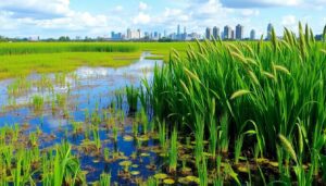 A serene image of a lush, green wetland with tall grasses swaying in the breeze, reflecting the sky and surrounded by a thriving ecosystem, with a modern city skyline in the distance, symbolizing the harmonious integration of nature and urban planning for disaster resilience.