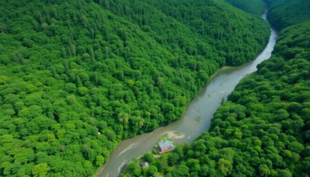 A serene landscape image showcasing a lush, green forest with a winding river, surrounded by a vibrant ecosystem, with a subtle hint of a resilient community living in harmony with nature.