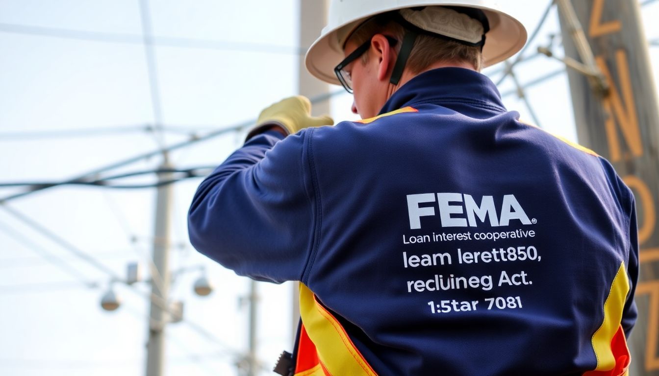 A lineworker from an electric cooperative repairing power lines after a natural disaster, with the FEMA Loan Interest Payment Relief Act logo visible on their uniform.