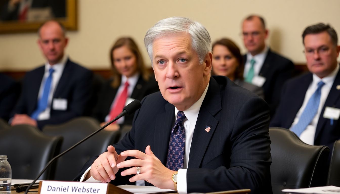 A portrait of Congressman Daniel Webster speaking in front of a committee, with the FEMA Loan Interest Payment Relief Act visible on the table.