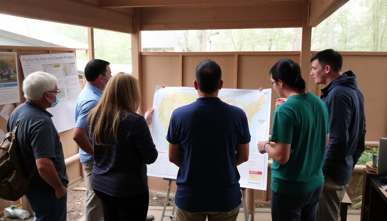 A group of community members gathered around a map, discussing and planning for potential disasters.