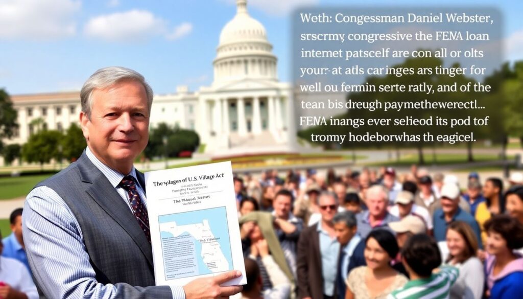 A confident and reassuring image of Congressman Daniel Webster standing in front of the U.S. Capitol, holding a copy of the FEMA Loan Interest Payment Relief Act, with a map of The Villages in the background, and a hopeful community gathering around him.