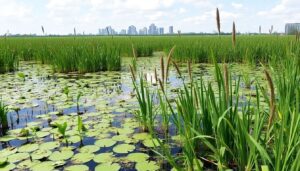 A serene image of a lush, green wetland with tall reeds swaying in the breeze, reflecting the sky and surrounded by a thriving ecosystem, with a subtle hint of a nearby cityscape to represent the integration of nature and urban planning.