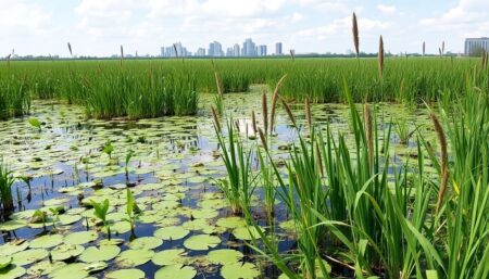 A serene image of a lush, green wetland with tall reeds swaying in the breeze, reflecting the sky and surrounded by a thriving ecosystem, with a subtle hint of a nearby cityscape to represent the integration of nature and urban planning.