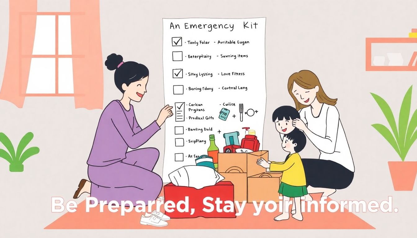 An illustration of a family preparing an emergency kit, with a checklist of essential items and the words 'Be Prepared, Stay Informed' written below.