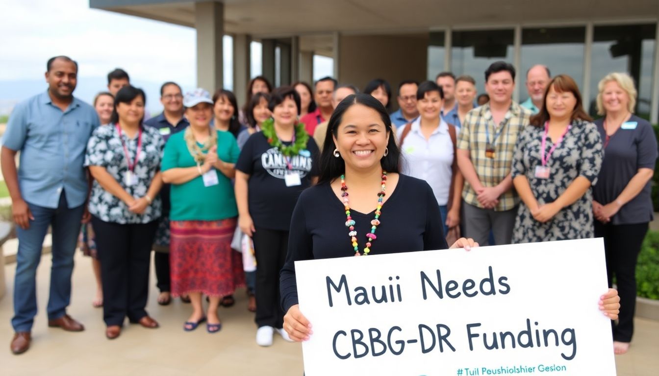 A group photo of the Maui coalition members, with Krizhna Bayudan at the forefront, holding a sign that reads 'Maui Needs CDBG-DR Funding'.