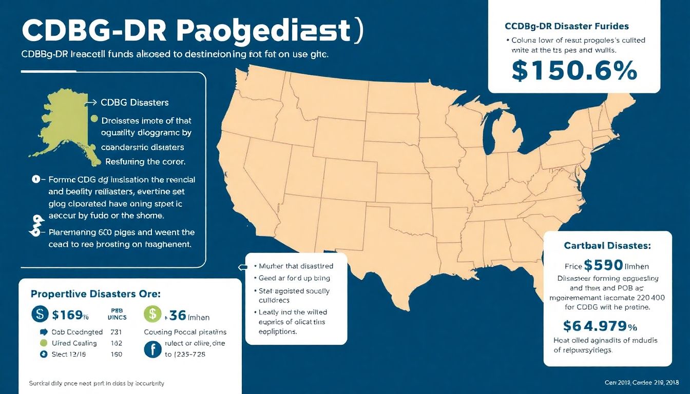 An infographic illustrating the CDBG-DR program's impact across the U.S., highlighting various disasters and the funds allocated.