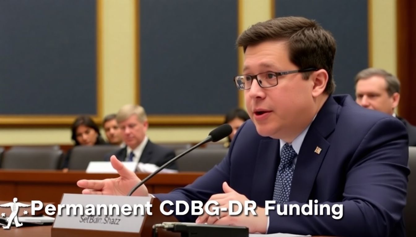 A photo of Sen. Brian Schatz speaking at a Senate Appropriations Committee hearing, with the words 'Permanent CDBG-DR Funding' in the caption.