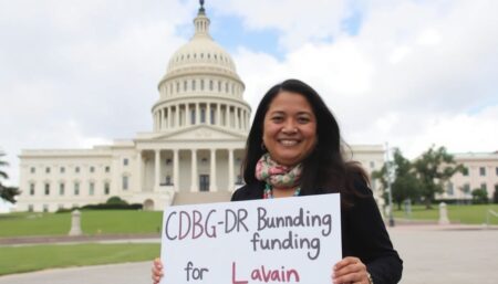 A photograph of Krizhna Bayudan standing in front of the U.S. Capitol building in Washington D.C., with the words 'CDBG-DR Funding for Lahaina' written on a sign she's holding.