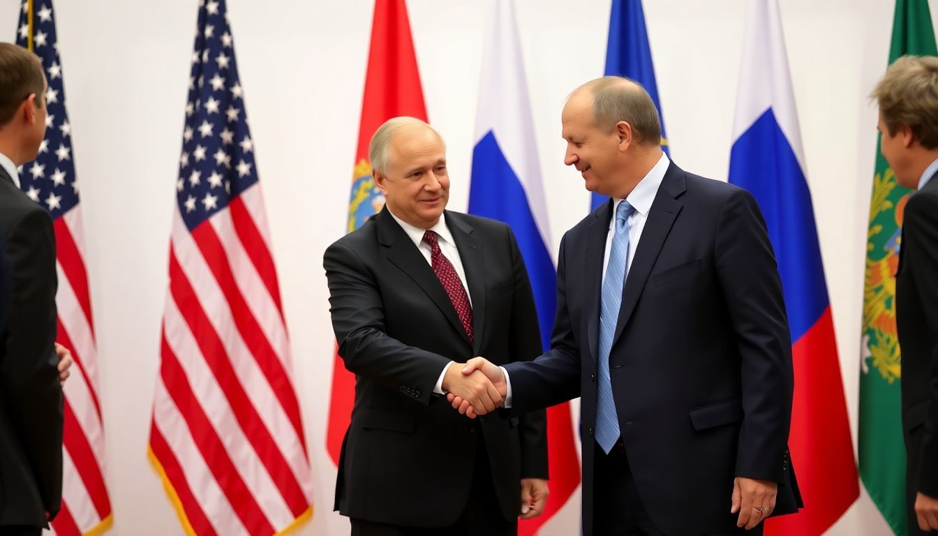 A handshake between U.S. and Russian diplomats, with the flags of both countries in the background, symbolizing the importance of dialogue and cooperation.