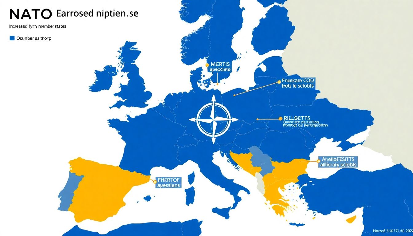 A map of Europe with NATO member states highlighted, showing increased military activity and cooperation among its members.