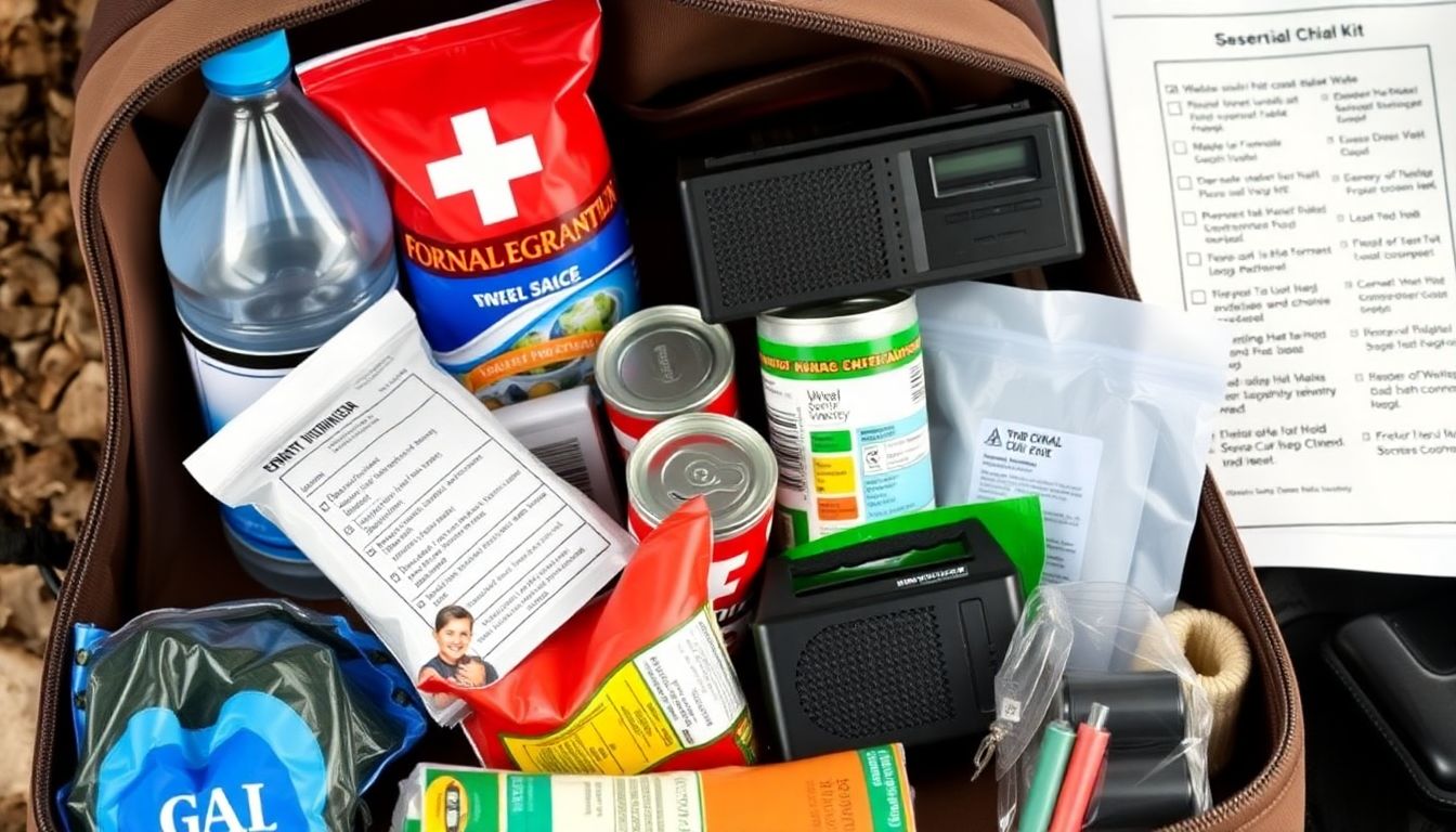 A well-stocked survival kit, including essential items such as water, non-perishable food, a first aid kit, and a portable radio, with a checklist in the background.